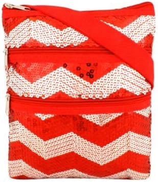 RED & Silver Sequined Chevron Crossbody Bag, Sequin Covered Soft Canvas Construction * Zip Top Closure * Fully Lined * 2 Front Zip Pockets * Long Adjustable Shoulder Strap * 8" Wide X 10" Tall