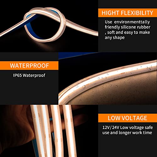 Visdoll Cob Led Strip Lights Ip65 Waterproof 16.4Ft/5M 3000K Warm White, Dc24V Cri90+ Bright Flexible Led Tape Light 320Leds/M For Outdoor Indoor Home Decor,Office,Diy Lighting(Adapter Not Included) #TOP4