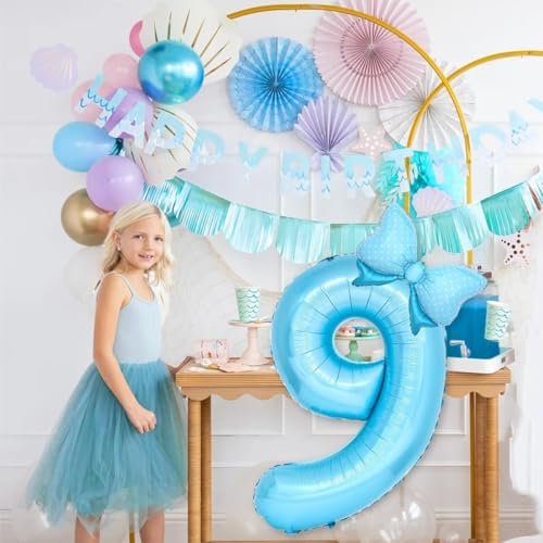 Image of Light Blue 13 Balloon Number Blue Coquette Birthday Decorations for Girls, Blue Bow Balloons Foil Mylar Large 40 inch 13 Balloon for Girls Bows Coquette 13th Birthday Party Decorations Supplies