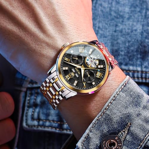 Image of OLEVS Automatic Watches for Men Self Winding Mechanical Skeleton Luxury Dress Stainless Steel Diamond Men Wrist Watches