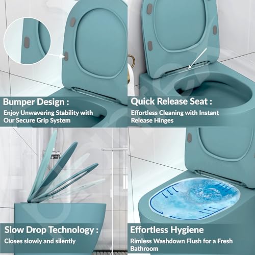 Image of Plantex Imported Ceramic Wall Hung Commode /Rimless Washdown Flush Western Toilet /Round Commode with Soft Closing Toilet Seat - P Trap (Harmony Blue)