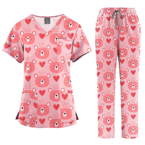 Meichoon Set de Scrubs para Mujeres: Uniforme Médico de Enfermería con Cuello en V y Estampado de Dibujos, Top Manga Corta con Bolsillos y Pantalones Cómodos
