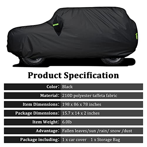 Image of Car Cover for Bronco 2021-2022 4 Door 210D Waterproof 6 Layers Car Cover Custom All Weather Protection for Automobiles Indoor Outdoor Full Cover Fit up SUV ORV to 198 inch x 86 inch x 78 inch, Black