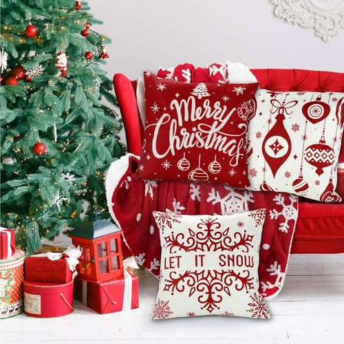 DIYDEC 4 Pack Christmas Pillow Covers, 18x18 Inch Linen Red & White Snowflake Throw Pillow Cases for Xmas Indoor & Outdoor Decorations - Image 5