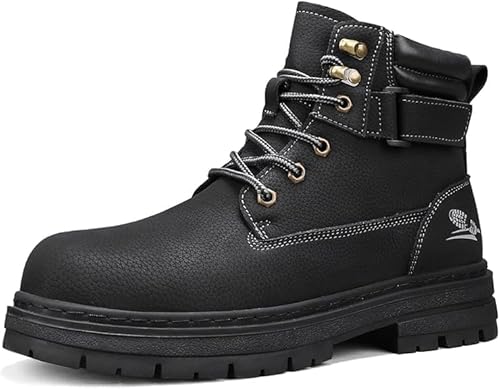 Men's Fashion Autumn and Winter First Layer Pigskin Work Boots Lace-up Genuine Leather Ankle Boots (Black, Adult, Men, 7, Numeric, US Footwear Size System, Wide)