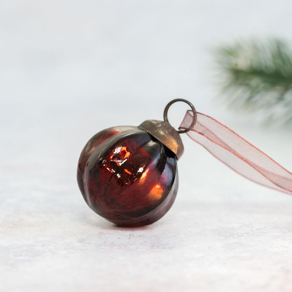 Arthur Cameron – Handmade, Mouth-blown 1" Ribbed Glass Mini Baubles with Bronze Cap, Ribbon & Organza Bag – Elegant Small Christmas Baubles & Christmas Hanging Decorations (Wine)