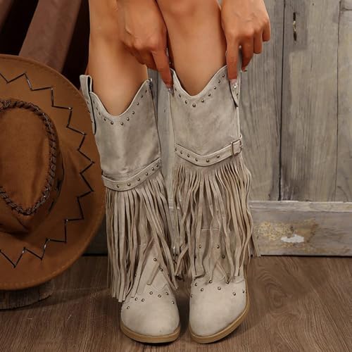 Fringe Cowboy Boots for Women Western Tassel Booties Fashion Studded Pointed Toe Riding Cowgirl Mid Calf Pull On Boots Side Zipper Retro Country Booties Chunky Heel Comfort Tall Boot3