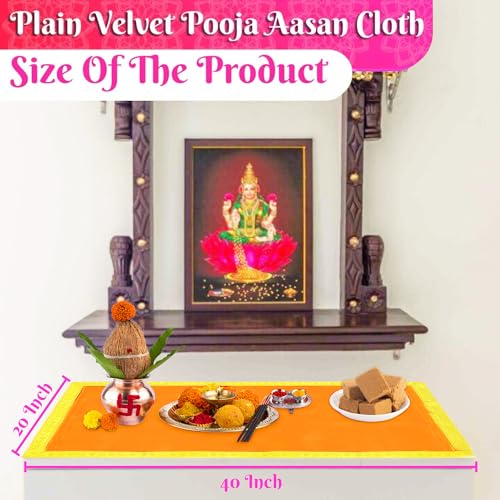 Image of Bhakti Lehar (20 x 40 Inch) Plain Orange Velvet Pooja Aasan for God Idol /Chowki Aasan Kapda Cloth for Temple Shelf Home Mandir, Ganesh Baithak and God Idol Sitting - Pack of 2