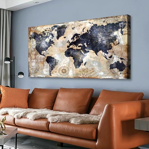 Framed Vintage World Map Canvas Wall Art Navy Blue and Tan Rustic Distressed Style Large Horizontal Print for living Room Bedroom Dining Office Home Artwork Size 36 x 70 in