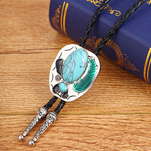 Cravate Pendentif Plume Turquoise en Cuir Tressé Style Western