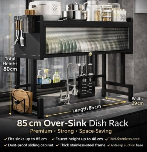 Image of Gvnd Over-The-Sink Dish Drying Rack with Dustproof Flip Cover Door | Multifunctional Adjustable Metal Kitchen Countertop Organizer (Black, 85x80x29Cm)