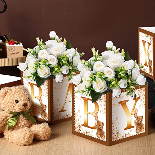 Image of Bucherry 6 Pcs Baby Shower Centerpiece Boxes with 'Baby' Letters Flower Boxes Tables Decoration for Girl Baby Shower, Birthday, Gender Reveal Party Favors(Brown,Brown Bear)
