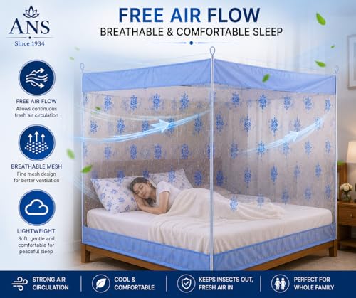 Image of ANS Hanging Mosquito Net for Single Bed, Sky Blue Floral Print with Cotton Border, Breathable Free Air Flow Fine Mesh, Washable Bed Mosquito Net, Insect Protection Net, 4 x 6.5 ft, Height 5 ft