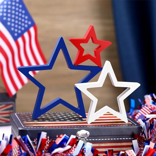 Image of 4th of July Patriotic Table Decoration 3 Pcs Wooden Star Tabletop Tray Decor Star Freestanding Table Wooden Signs for Independence Day Home Party Supplies
