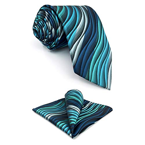 SHLAX&WING Tie Set with Pocket Square Ripple Blue Multicolored Silk Green Hanky