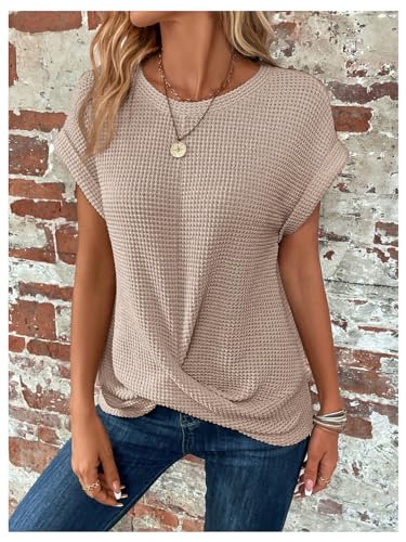 Floerns Women's Crew Neck Twist Front T Shirts Cap Sleeve Waffle Knit Casual Tee Tops4