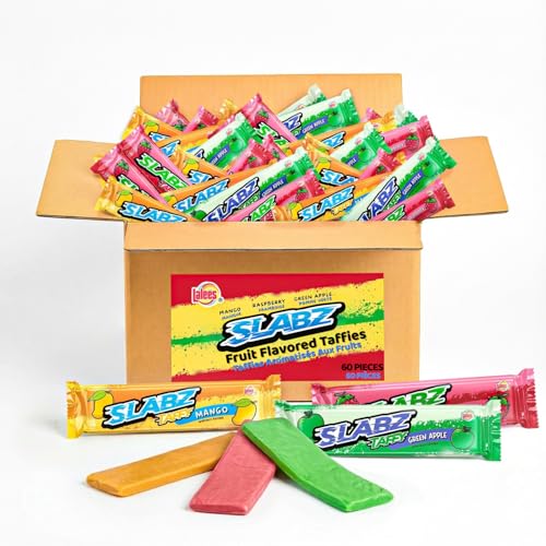 Lalees Taffy Slabz - Assorted Fruit Flavors - Bulk Chewy Candy Bars - Individually Wrapped Taffy Candy for Party Favors, Birthday Parties (60 Count)