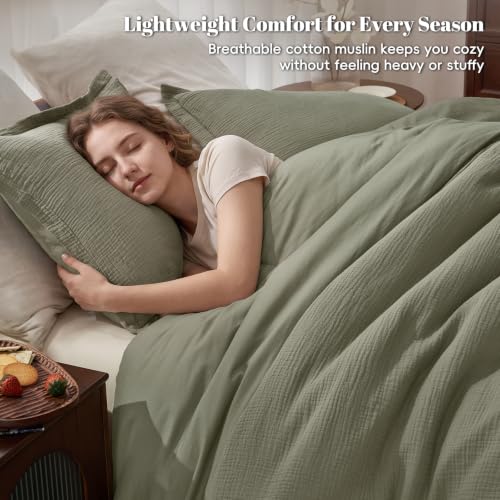 Image of PHF Cotton Muslin Comforter Set Queen, Ultra Soft Breathable, Dusty Sage