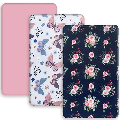 Image of AMROSE 3 Pack Heavenly Soft Mini Crib Sheets, Microfiber Pack N Play Sheets Set for Baby Girls, Silk Touch Gentle, Fitted for Playard Portable Crib Mattress, Floral & Butterfly