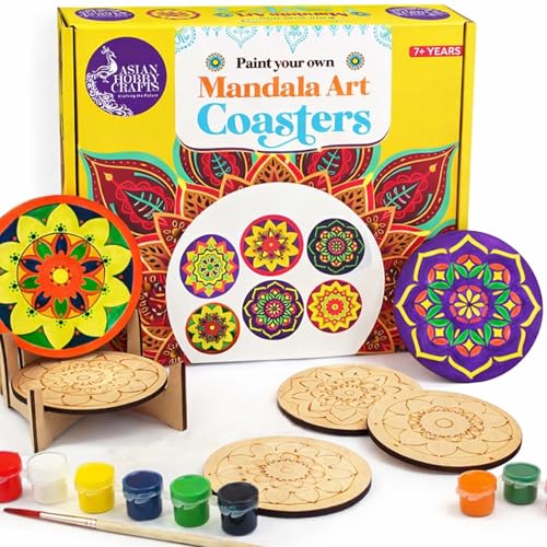 Image of Asian Hobby Crafts DIY Mandala Art Coaster Painting Kit - 6 Pre-Marked Coasters, Paint and Brush Set | Art and Craft Set for Kids & Adults (4-12 Years) Coloring Kit for Birthday Return Gift, Home & Office Activity