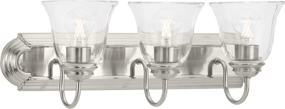 Progress Lighting Clear Glass 24 in. 3-Light Brushed Nickel Transitional Vanity Light with Clear Glass for Bathroom