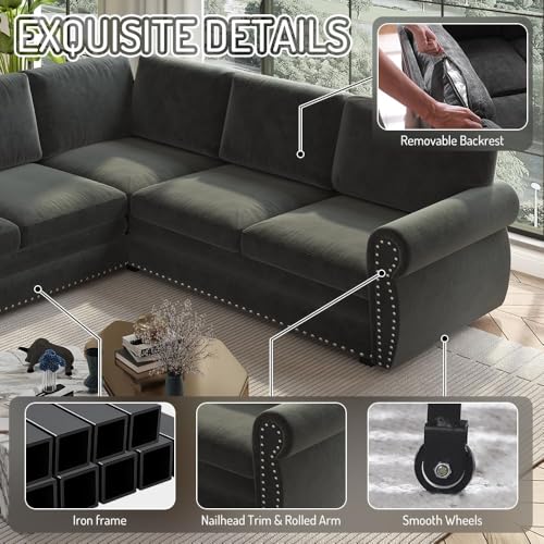 Image of KCGKCG 118 inch Sleeper Sofa Bed, Sectional Couches for Living Room /Apartment, Chenille L Shaped Couch with Pull Out Couch Bed, Convertible Sectional Sofa with Rolled Arm & Nailhead Trim, Dark Grey