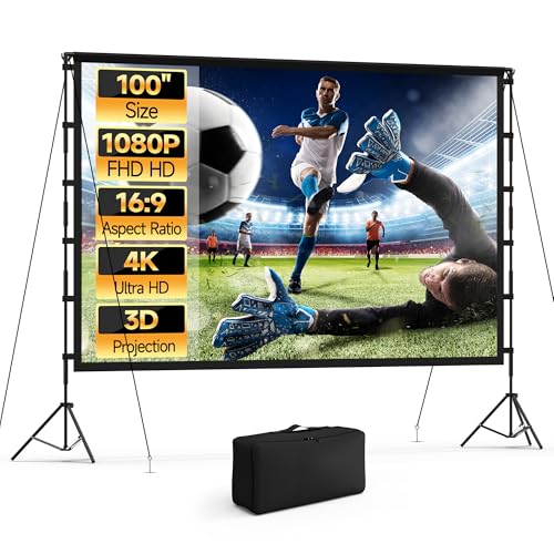 Outdoor Projector Screen with Stand 100 Inch, Vamvo Portable Projector Screen Indoor Outdoor with Carry Bag, 16:9 4K HD Movie Screen for Home Backyard Theater