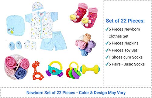 Image of 22 Piece Set - New Born Baby Gift Set for 0-6 Month Baby (Clothes, Napkin, Socks and Toys) (22 Pieces Pack)