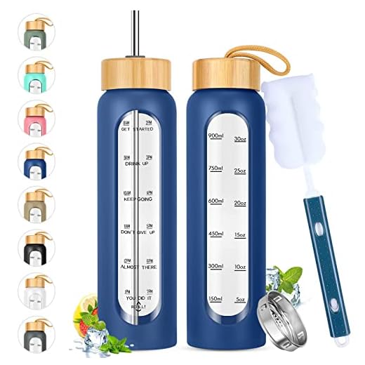 SipZest 32 oz Glass Water Bottles with Straw - Motivational Glass Water Bottle with Time Marker & Silicone Sleeve - Reusable Glass Tumbler Includes 2 Bamboo Lids & Fruit Infuser - 1 Pack
