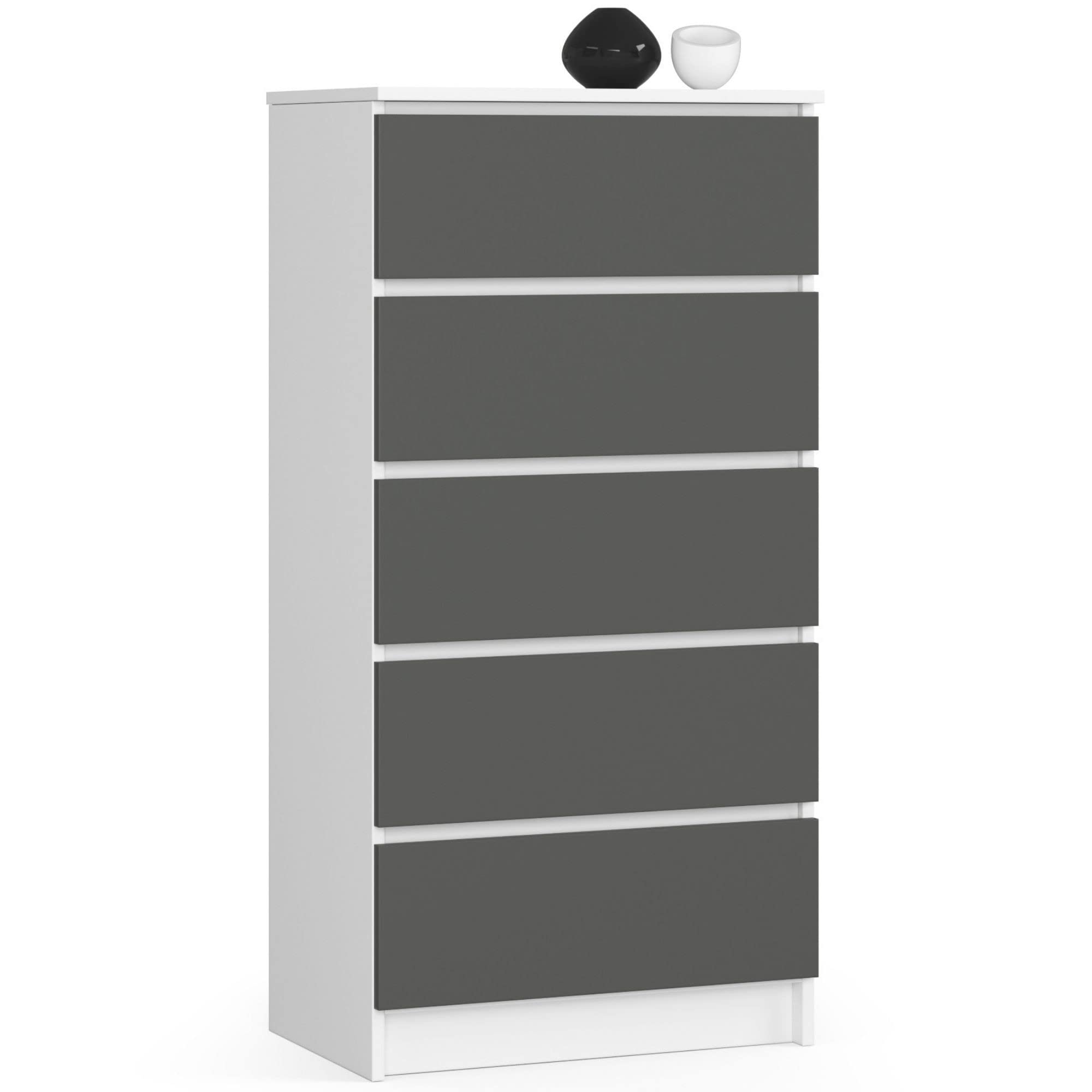 AKORD Cassettiera K60 con 5 Cassetti | Credenza Alta | Moderna Mobiletto per Soggiorno Sala da Pranzo Camera da Letto Corridoio Bagno | Armadio Cameretta | 60x121x40 cm, 39kg | Bianco/Grigio grafite