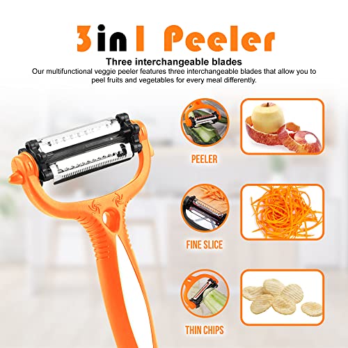 Multifunctional Veggie Peeler - 3 In 1 Y Shaped Fruits & Veggie Peeler W/ Serrated, Julienne Blades, Zesters Kitchen Gadgets- Rotating Potato Peeler For Kitchen W/ Soft Grip Handle (Orange) #TOP1