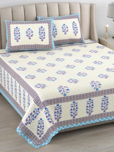 Image of 300 TC 100% Pure Cotton Bedsheet for Double Bed King Size (90x108) inch, Jaipuri Print Double Bedsheet with 2 Pillow Covers, Premium Printed Flat Bed Sheet