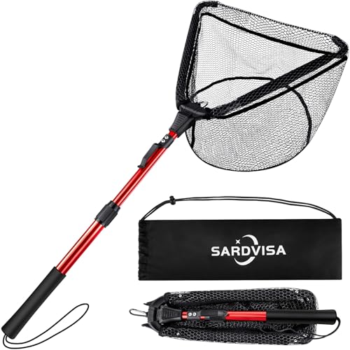 Upgraded Foldable Floating Fishing Net, Tangle-Free Coated Landing Net Extends from 27-35' with Telescoping Pole Handle, Fishing Gear for Ranger Boat, Kayak & Trout Salmon Bass Fishing, Gifts for Men