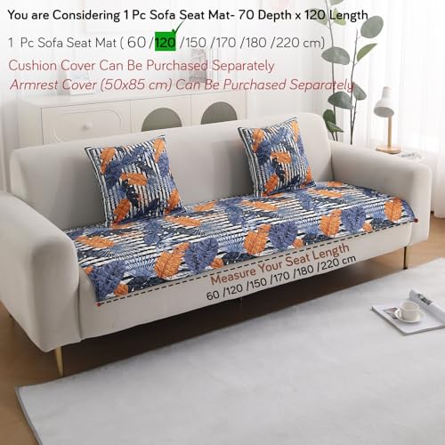 Image of HOKIPO 'LiefNest' Holland Velvet Sofa Cover Mat with Foam Filling for 1 /2 /3 Seater & L-Shape Sofa. Make Your Own Sofa Cover Set, Mat Size: 120(L) cm, Tropical Leaves Dusk Blue (IN-822-D5)