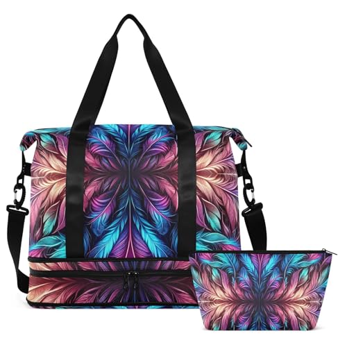 Feathers Colorful Pattern Gym Bag for Women Sport Travel Duffel Bag Shoulder Weekender Overnight Bags with Wet Pocket & Shoe Compartment2