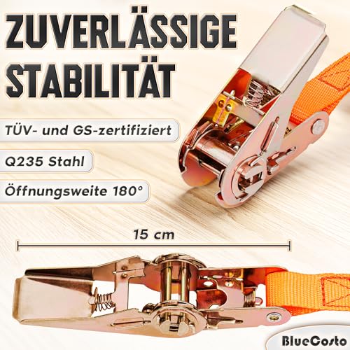 Premium-Ratschengurte – 4er-Pack, orange – 4 Meter Lange Zurrgurte mit Ratsche – Hochleistungs-Tragfähigkeit von 180 kg, Bruchfestigkeit von 540 kg