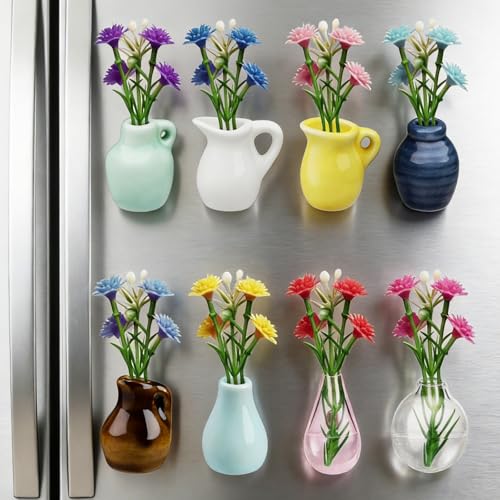 Mini Ceramic Vase Magnets for Fridge: 8-Pack Cute Tiny Magnetic Mini Ceramic Vase Magnets with Artificial Flowers Flower Pot Magnets for Refrigerator Decorative Office Kitchen Locker Whiteboard