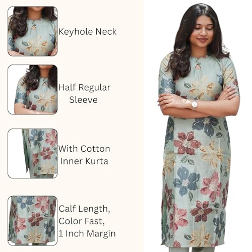 Image of Sun Fashion And Lifestyle Linen Blend Printed Straight Calf Length Kurta for Women | Kurti (KT72 Pista)