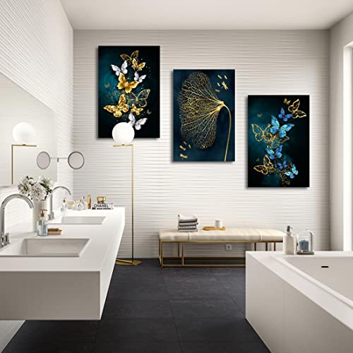 3 Panels Colorful Butterfly Canvas Wall Art Decor, Gold Dragonfly And Lotus Leaf Poster Pictures Artwork Modern Flower Pattern Print Paintings For Living Room Bedroom Bathroom Decorations 16"X 24" #TOP4