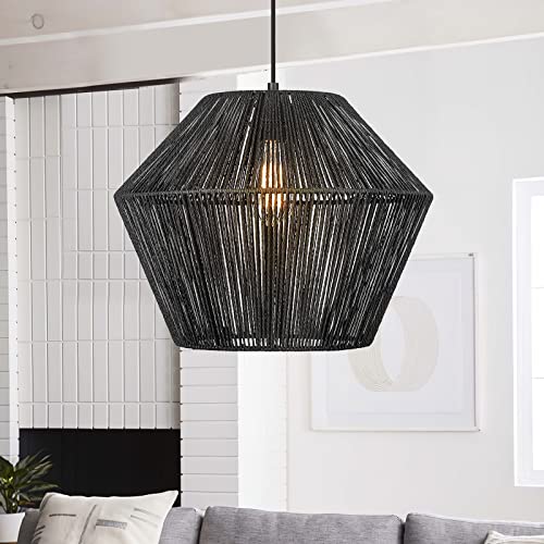 ELYONA Modern Woven Chandelier, 17" Farmhouse Coastal Pendant Light Fixtures Matte Black Handwoven Rattan Basket Shade Boho Pendant Hanging Lamp for Kitchen Dining Room Bedroom Foyer Hallway, Black