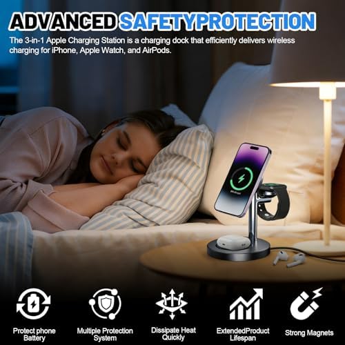 Wireless Charging Station, 3 in 1 Foldable Charger Stand Dock, Wireless Charging Station for Multiple Devices, Compatible with iPhone 17e/Air/17/16/15/14/13/12 Series, Apple Watch & AirPods (Black) - 3