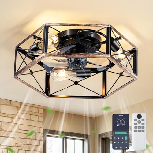 LMiSQ Ventilateur Plafond Vintage Finition or Brossé 50cm Plafonnier Ventilateur 6 Vitesses Réversibles Create Ventilateur Plafond Minutier APP Base E27 Sans...