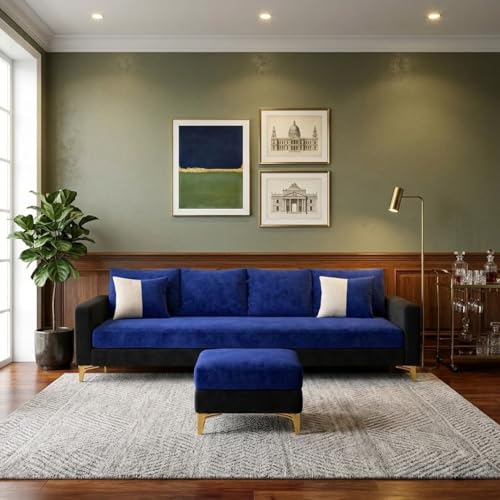 Image of Classiq Rich 5 Seater L Shape Sofa Set with Movable Ottoman | Flexible Layout | Spacious Soft Touch Seating | Designer Sofa for Living Room (Dark Blue & Black)