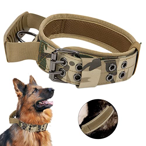 Collare Tattico per Cani Regolabile con Maniglia di Comando e Fibbia in Metallo - Militare in Nylon, Adatto per Cani di Taglia Piccola, Media e Grande (M, Metallico)