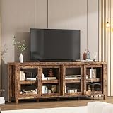 GarveeHome 65 inch TV Stand for 70' TVs, Entertainment Center with Storage Cabinet and 4 Sliding Glass Doors, Mid Century Modern Media TV Console Table for Living Room Bedroom, Retro Brown