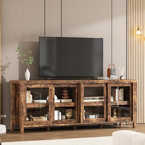 Garvee TV Stand for 65" with Entertainment Center, Storage Cabinet, 4 Sliding Glass Doors, Mid Century Modern Media TV Console Table for Living Room Bedroom, Retro Brown