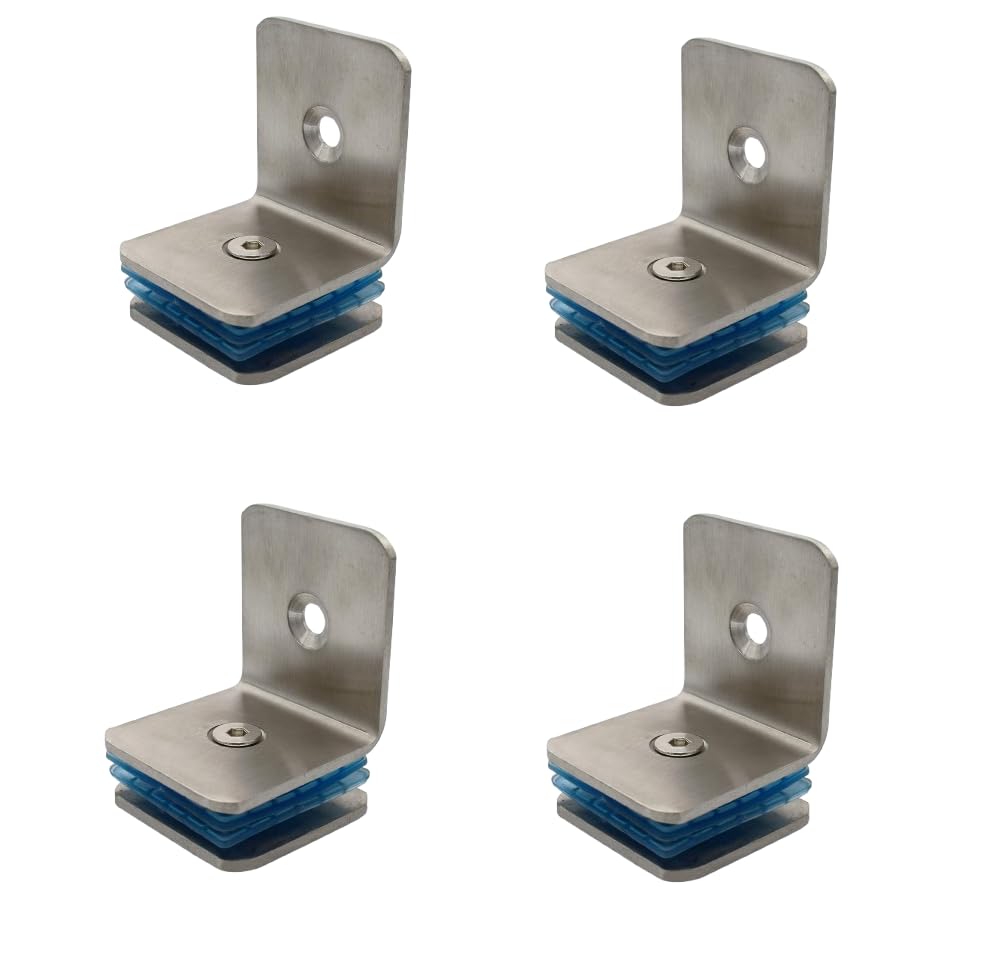 Stainless Steel Glass Bracket with Blue Cushion Pads, Wall Mount Support, L Connector for Glass Fitting (WALL to Glass Connector, 4)