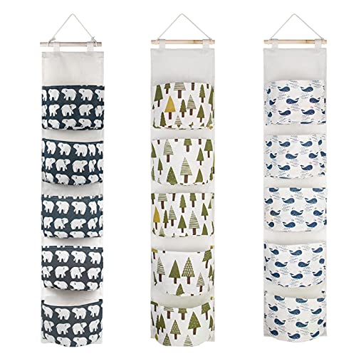 DSVENROLY 3 Stücke Hängetasche Hängend Aufbewahrungstasche, Wasserdicht Leinen Stoff Mauer Hängender lagerung Tasche mit 5 Taschen, Wand Hängend Körbe Organizer für Badezimmer Schlafzimmer Cover