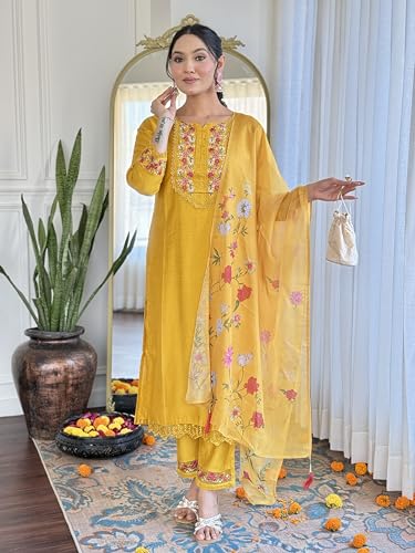 Image of Naixa Women's Cotton Embroidered Straight Kurta with and Dupatta Sets (SC-Saylee)