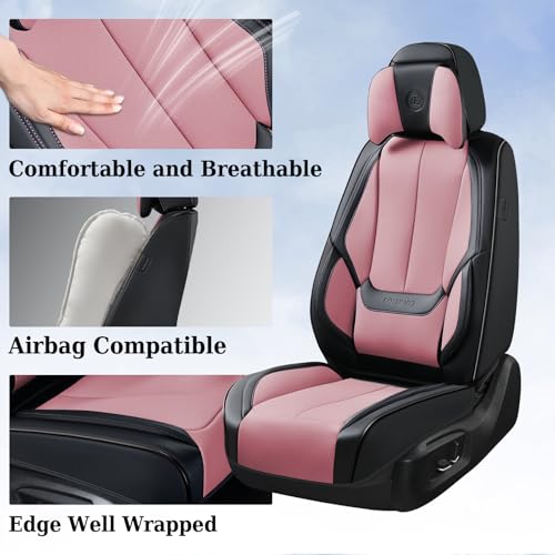 Image of Coverado Universal Seat Covers Front, Universal Seat Covers for Cars, 2-Pack Waterproof Nappa Leather Car Seat Covers with Head Pillow, Auto Protectors Fit for Most Sedans Pick-up Truck-Black&Pink